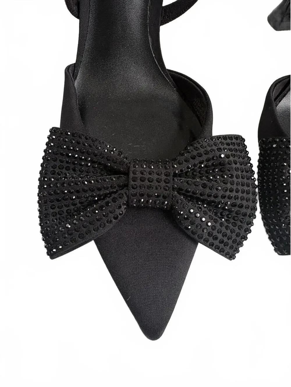H&M | Black Pointy Toe‎ Rhinestone Bow Round Kitten Heels w/ Strap Size 8
